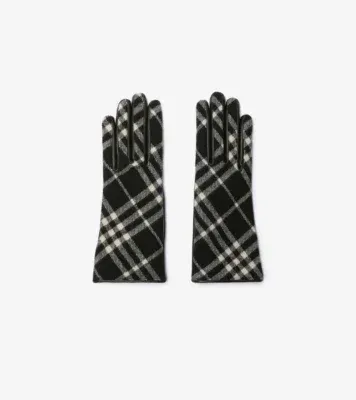 Check Wool Cashmere Gloves in Black/calico beige