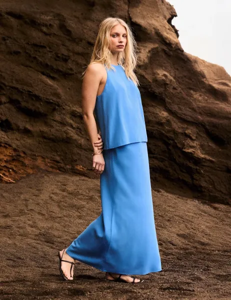 RO&ZO Drawstring Maxi Slip Skirt with Linen Mid Blue