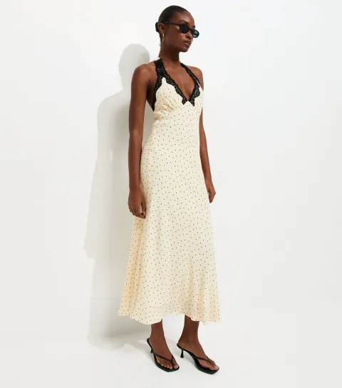 Women's Cream Polka Dot Lace Trim Halter Neck Midi Dress