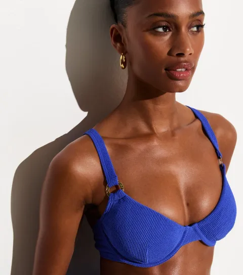 Women's Blue Crinkle Textured O-Ring Underwire Bikini Top