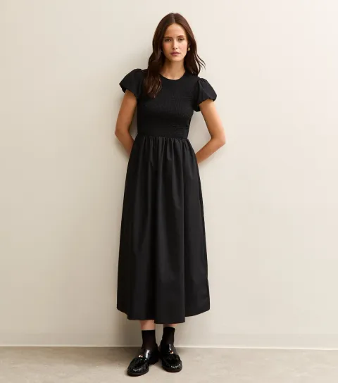 New Look Women's Black Shirred Puff Sleeve Midi Dress