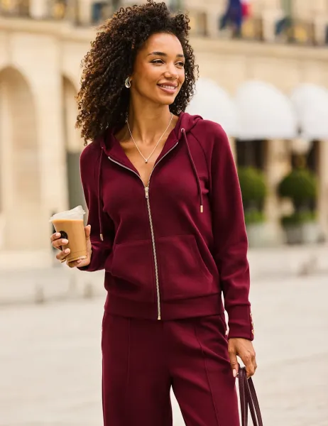 SOSANDAR Jersey Zip Up Hoodie Burgundy
