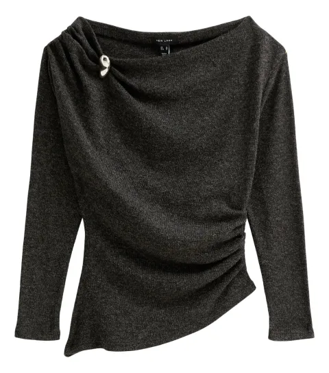 New Look Women's Dark Grey Jersey Silver Tone Brooch Slash Neck Asymmetric Hem Top