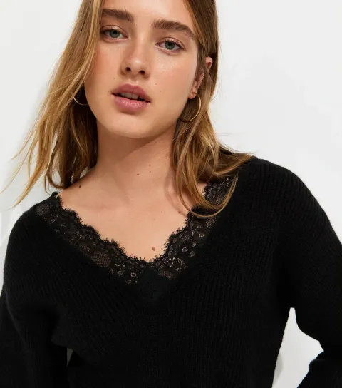 New Look Women's Black Ribbed Knit Lace Trim V Neck Jumper