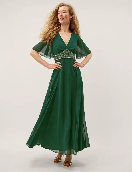 Monsoon Embellished V-Neck Maxi Skater Dress Dark Green Mix