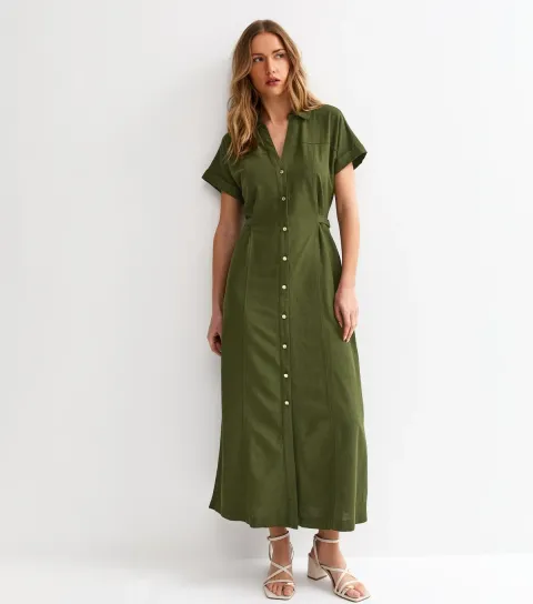 Women's Dark Khaki Linen Blend Shirt Midi Dress