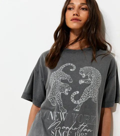 Women's Dark Grey Cotton Leopard Acid Wash Oversized T-Shirt