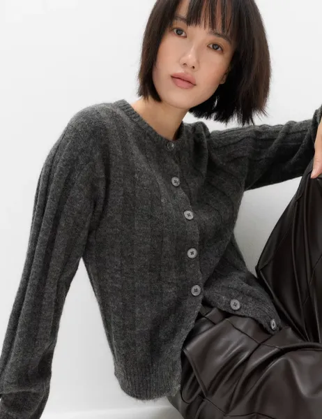 Marks & Spencer Ribbed Crew Neck Cardigan with Wool Charcoal
