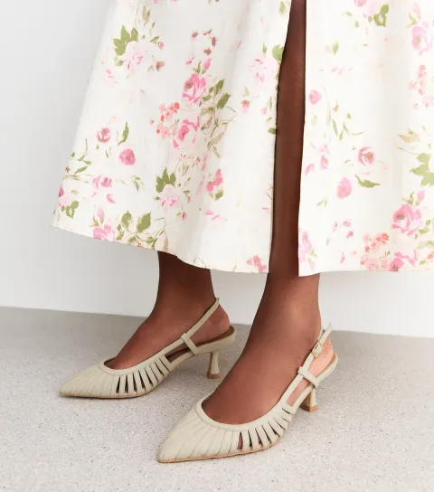 Women's Wide Fit Off White Strap Detail Slingback Court Shoes Vegan