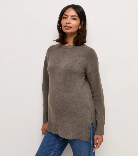 Women's Maternity Dark Mink Knitted Side Split Jumper