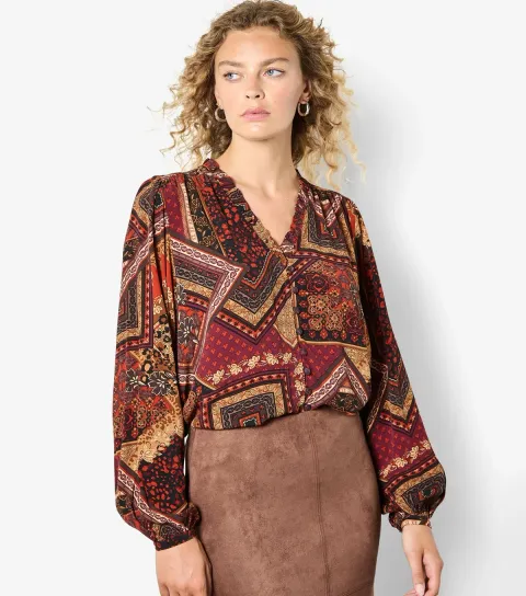 Women's Burgundy Patchwork Ruffle Blouse