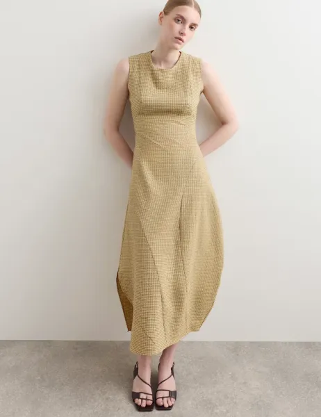 Jaeger Cotton Rich Textured Midi Shift Dress Yellow Mix