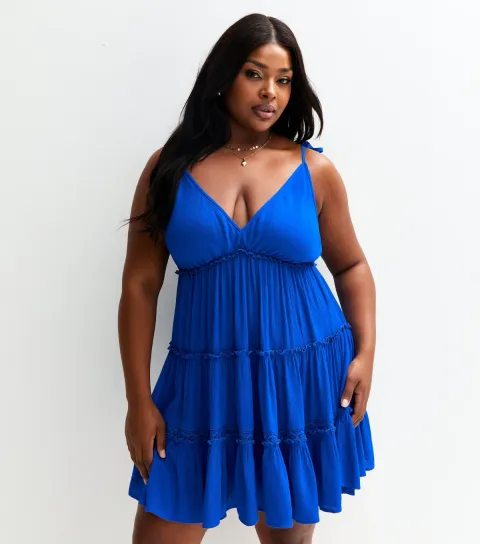 Women's Plus Size Blue Lace Insert Strappy Beach Mini Dress Curves