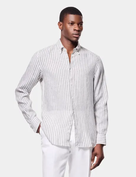 Hawes & Curtis Regular Fit Pure Linen Striped Shirt Khaki Mix