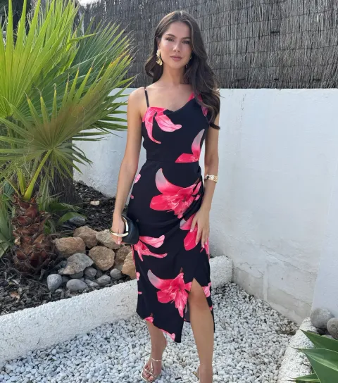 Women's Black Floral Strap Cowl Midi Dress