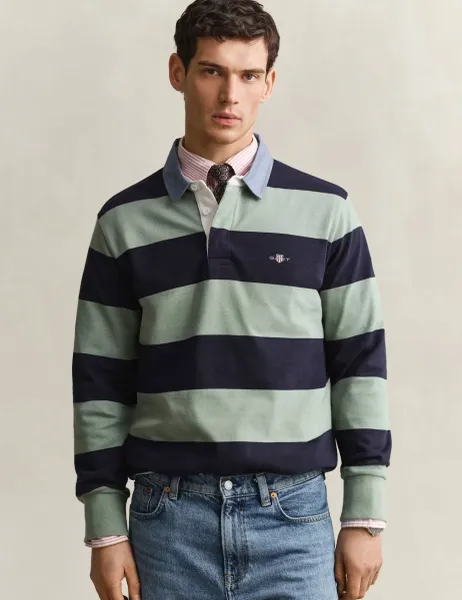 Gant Pure Cotton Chambray Striped Rugby Shirt Green Mix