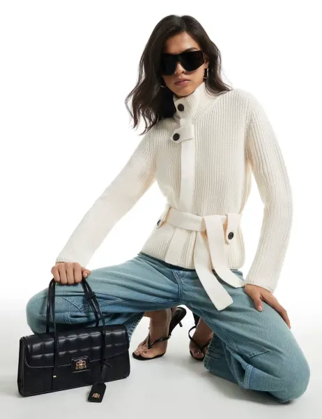 River Island Tie Rib Funnel Neck Cardigan Cream