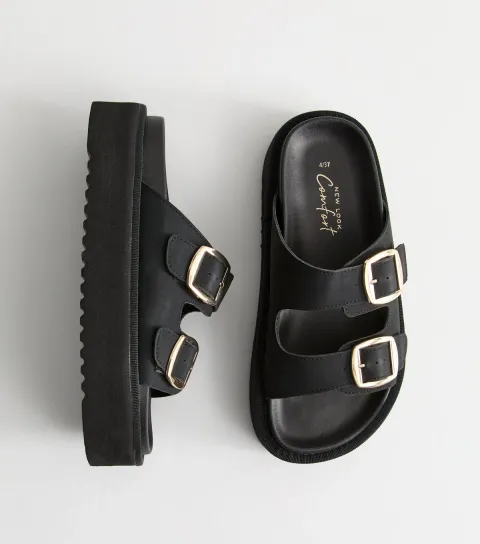 Women's Black Faux Leather Flatform Sandals Vegan