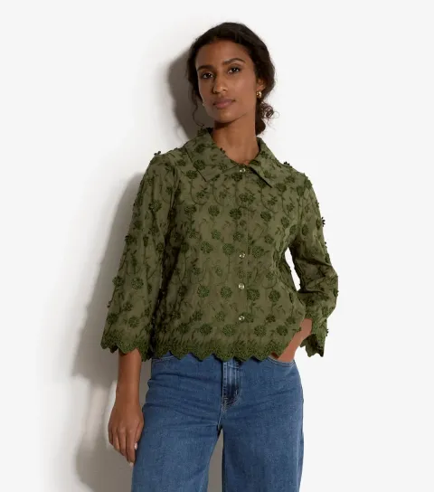 Apricot Women's Dark Khaki Applique Flowers Cropped Shirt