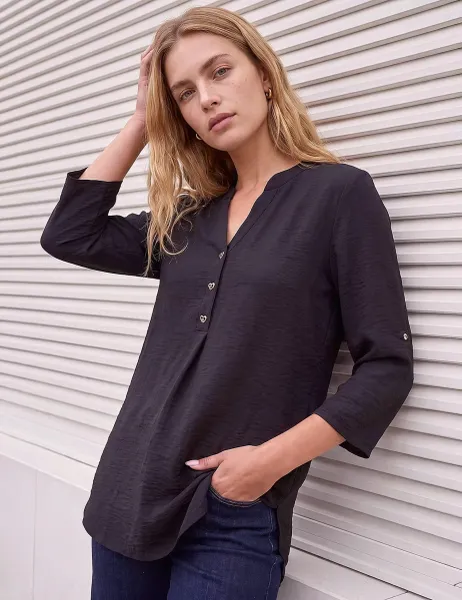 Roman Notch Neck Button Detail Longline Top Black