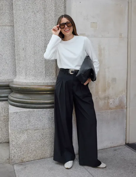 WAT THE BRAND Woven Tailored Wide Leg Trousers Black