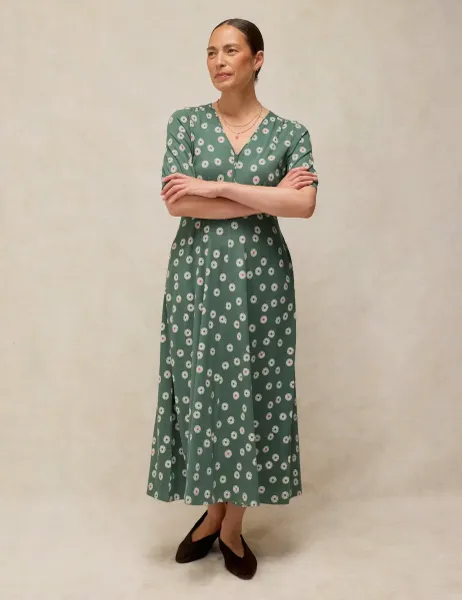 White Stuff Megan Cotton Blend Jersey Printed Midi Tea Dress Green Mix