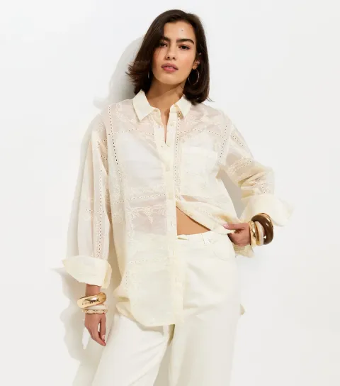 Women's Cream Embroidered Patchwork Shirt