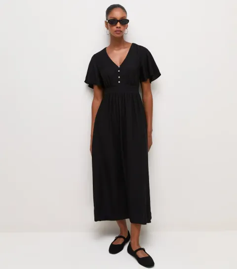Women's Black Crinkle Texture Frill Sleeve V Neck Midi Dress