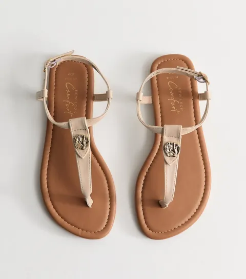 Women's Wide Fit White Faux Leather Hardware Detail Toe Post Sandals Vegan