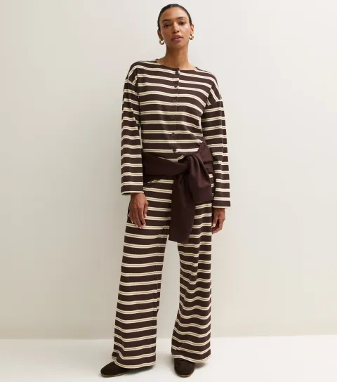 New Look Women's Brown Cotton Rich Striped Wide Leg Trousers