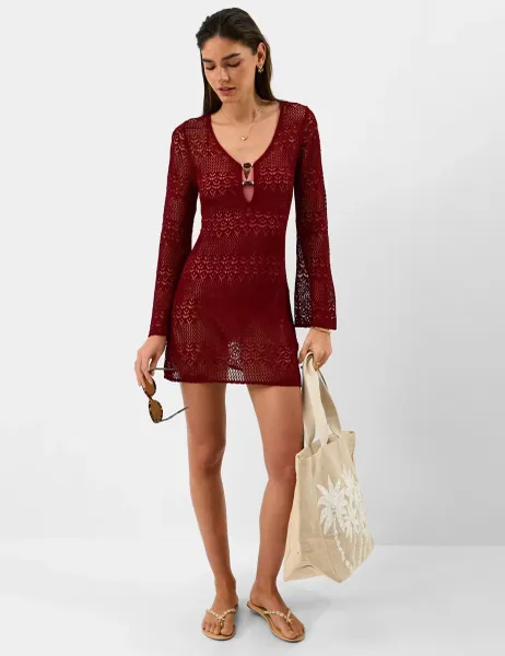 Accessorize Embellished Knitted Mini Beach Dress Burgundy