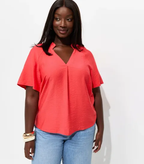 Women's Plus Size Coral Grandad Neck Flutter Sleeve Blouse Curves