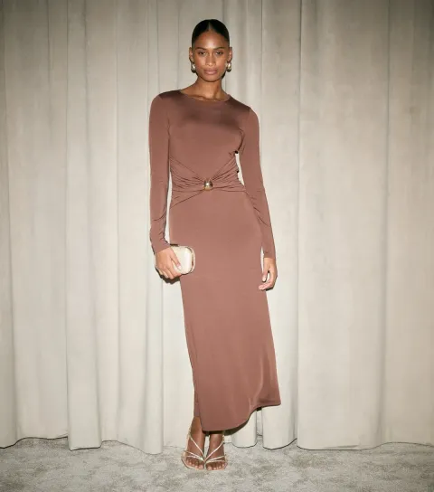 New Look Women's Dark Brown Gather Waist Long Sleeve Midi Dress