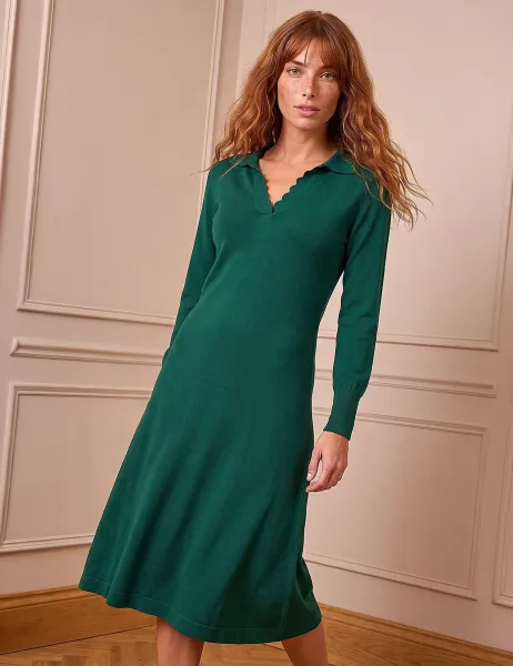 Roman Collared Midi Knitted Dress with Wool Dark Green