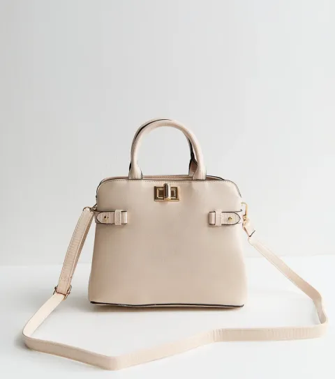 White Faux Leather Gusset Turn Lock Top Handle Bag