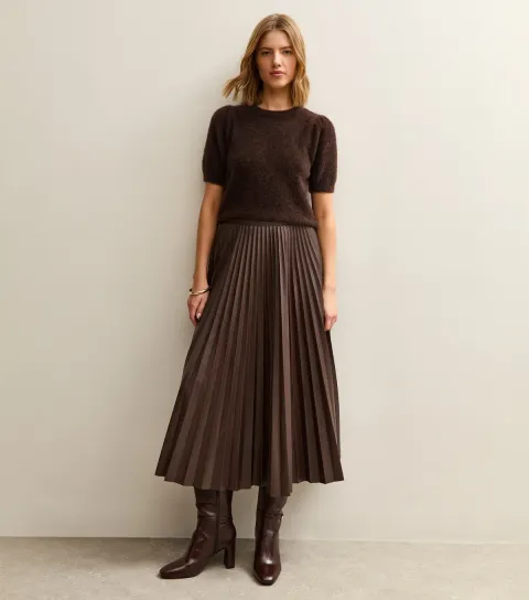 Women's Dark Brown Faux Leather Pleated Midi Skirt