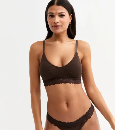 Women's Brown Ribbed Seamless Lace Trim Bralette