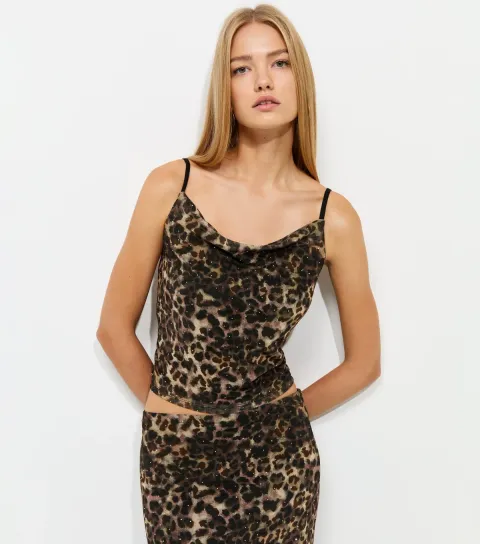 New Look Women's Brown Mesh Leopard Print Cowl Neck Cami Top