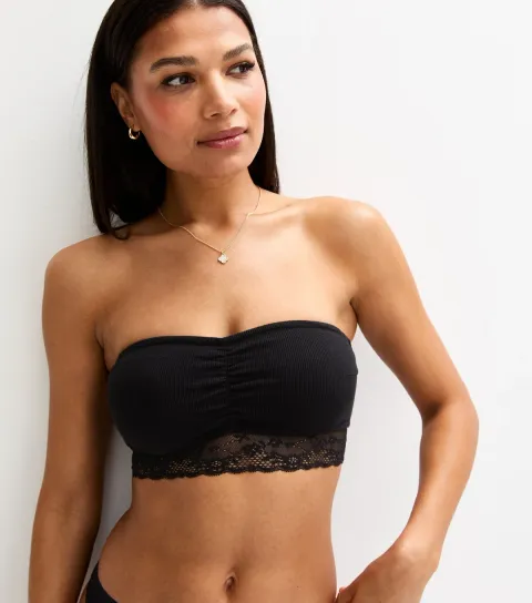 Women's Black Ribbed Jersey Lace Trim Bandeau