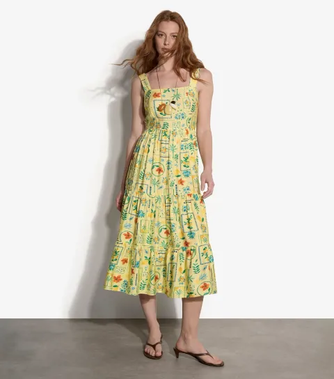 Women's Yellow Postcard Print Midi Dress