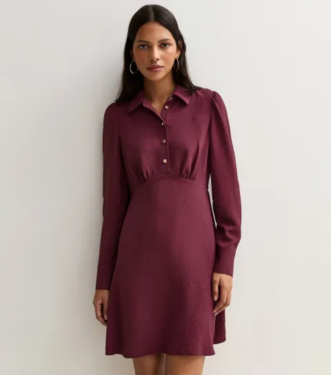 New Look Women's Dark Burgundy Flared Shirt Mini Dress