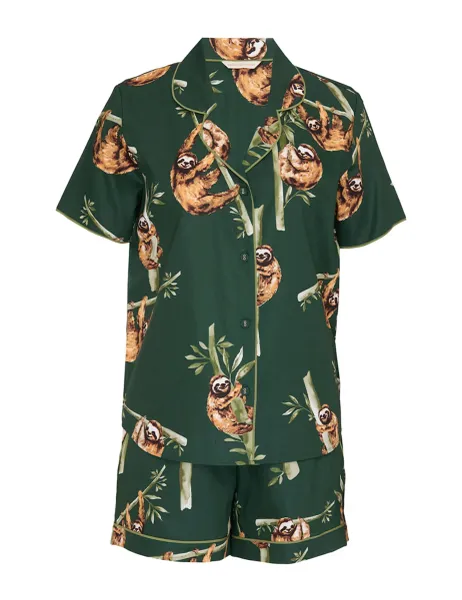 Cyberjammies Cotton Modal Sloth Print Shortie Set Dark Green