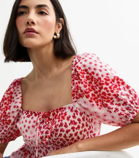 Women's Pink Floral Print Puff Sleeve Top
