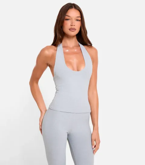 Women's Light Grey Scoop Neck Halter Top