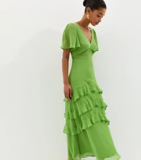 New Look Women's Bright Green Chiffon Tiered Tea Maxi Dress