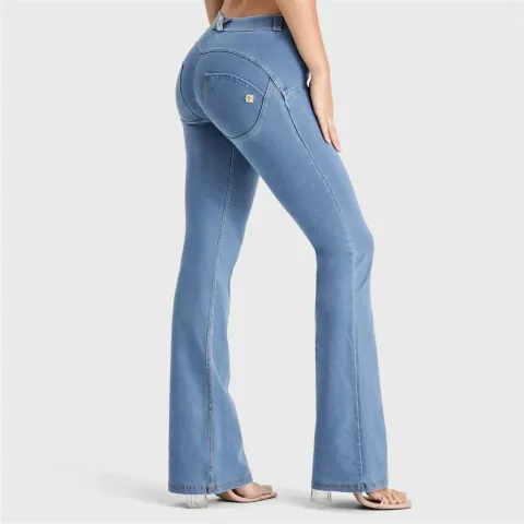 Freddy WRUP Denim - Mid Rise - Bell Bottom Flare - Light Blue + Yellow Stitching