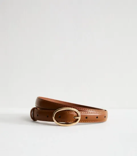 Brown Oval Buckle Faux Leather Belt