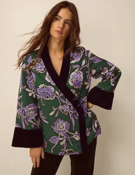 Monsoon Printed Tie Front Kimono Jacket Green Mix