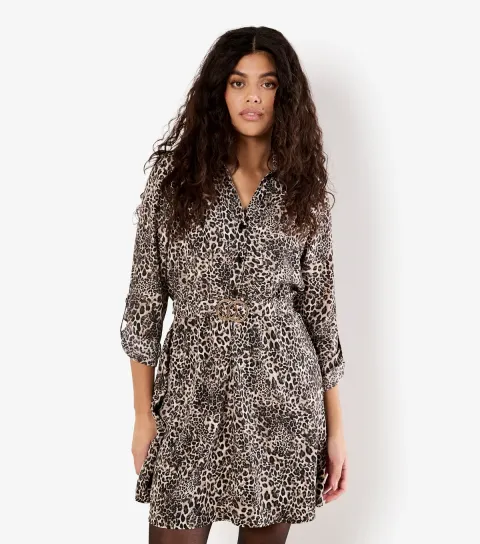 Apricot Women's Black Leopard Print Belt Shirt Mini Dress