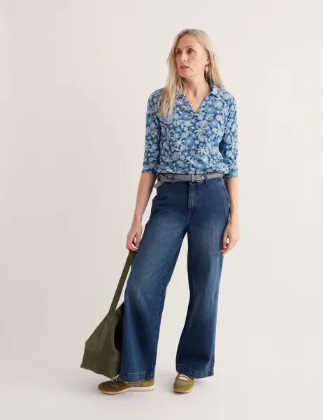 Seasalt Cornwall Pure Cotton Floral Notch Neck Shirt Blue Mix